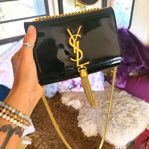 YSL Black Patent Leather Gold Tassel Purse
